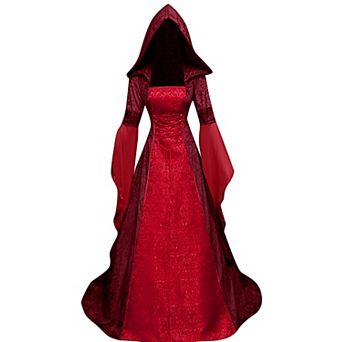 Women Renaissance Witch Vampire Costume Hooded Gown Bell Sleeves Corset Waist