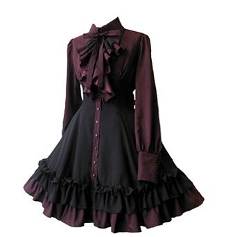 Women Gothic Victorian Lolita Long Sleeve Dress Ruffle Puff Sleeve Masquerade Tea Party Outfit