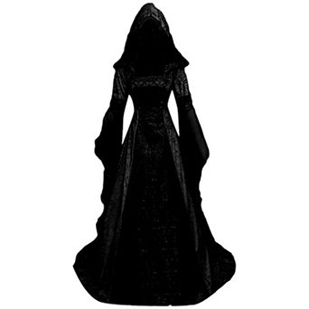 Women's Gothic Witch Hooded Dress Medieval Victorian Cosplay Costume Sheer Bell Sleeves Corset Waist