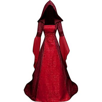 Women's Gothic Witch Hooded Dress Medieval Victorian Cosplay Costume Sheer Bell Sleeves Corset Waist