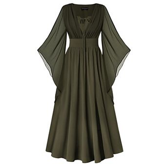 Renaissance Pirate Medieval Maxi Dress Bell Sleeve Pockets Flowy A Line