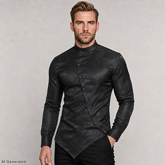 Men's Stand Collar Paisley Dress Shirt Asymmetric Hem Long Sleeve