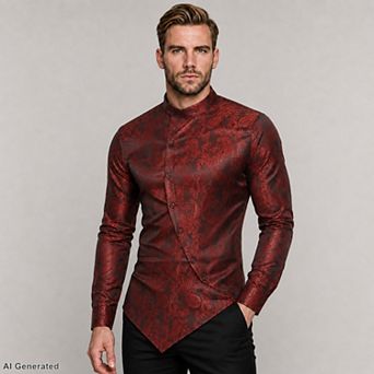 Men's Stand Collar Paisley Dress Shirt Asymmetric Hem Long Sleeve
