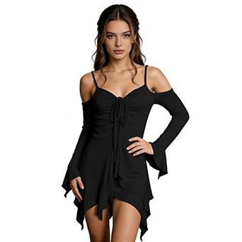 Women's Short Medieval Renaissance Fairy Off Shoulder Flare Sleeve Dress For Ren Faire Larp