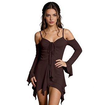 Women's Short Medieval Renaissance Fairy Off Shoulder Flare Sleeve Dress For Ren Faire Larp
