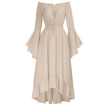 Women Off Shoulder Bell Sleeve Renaissance Dress With Pockets High Low Hem