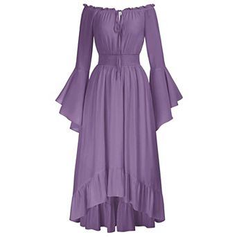 Women Off Shoulder Bell Sleeve Renaissance Dress With Pockets High Low Hem