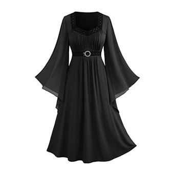 Plus Size Renaissance Fairy Witch Medieval Midi Dress Bell Sleeves Flowy Casual Party Dress