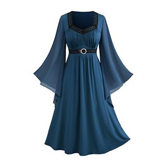 Plus Size Renaissance Fairy Witch Medieval Midi Dress Bell Sleeves Flowy Casual Party Dress