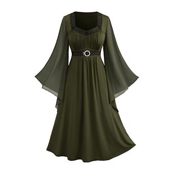 Plus Size Renaissance Fairy Witch Medieval Midi Dress Bell Sleeves Flowy Casual Party Dress