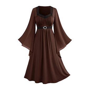 Plus Size Renaissance Fairy Witch Medieval Midi Dress Bell Sleeves Flowy Casual Party Dress