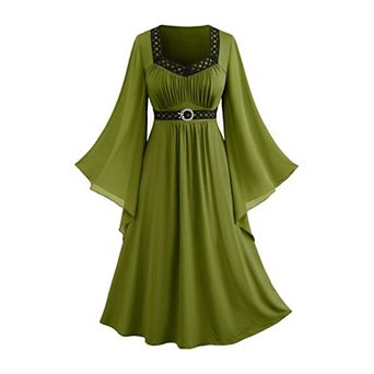Plus Size Renaissance Fairy Witch Medieval Midi Dress Bell Sleeves Flowy Casual Party Dress