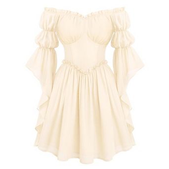 Women Off Shoulder Renaissance Pirate Fairy Costume Long Sleeve Chiffon Dress