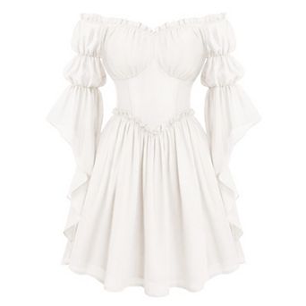 Women Off Shoulder Renaissance Pirate Fairy Costume Long Sleeve Chiffon Dress
