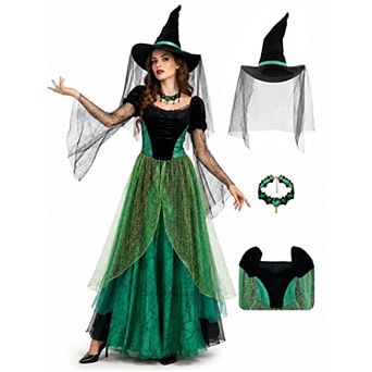Deluxe Witch Costume Set Dress Hat Necklace For Halloween Cosplay Party