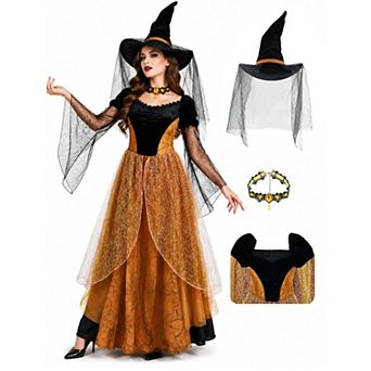Deluxe Witch Costume Set Dress Hat Necklace For Halloween Cosplay Party