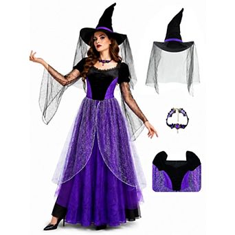 Deluxe Witch Costume Set Dress Hat Necklace For Halloween Cosplay Party