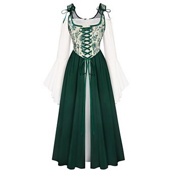 Womens 2 pc Renaissance Medieval Fairy Bell Sleeve Dress Ren Fair Costume