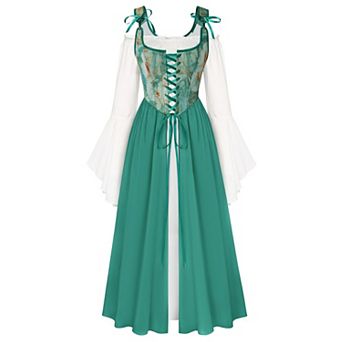 Womens 2 pc Renaissance Medieval Fairy Bell Sleeve Dress Ren Fair Costume