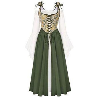 Womens 2 pc Renaissance Medieval Fairy Bell Sleeve Dress Ren Fair Costume