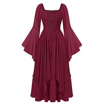 Renaissance Women Chiffon Bell Sleeve Fairy Dress Ren Faire Medieval Cosplay Party Wear