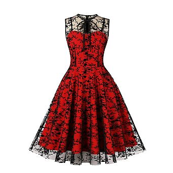Women Mesh Floral Gothic Swing Dress Vintage Cocktail Prom Evening Wear