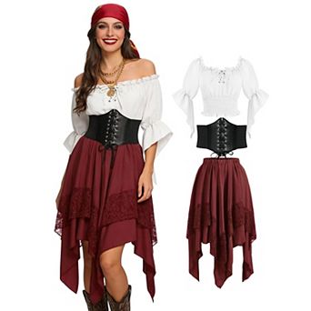 Womens Pirate Costume 3 pc Renaissance Medieval Outfit Set