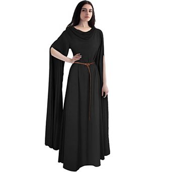 Women's Medieval Renaissance Costume Long Sleeve Maxi Dress Cowl Neck A-Line Silky Mesh