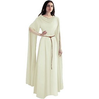 Women's Medieval Renaissance Costume Long Sleeve Maxi Dress Cowl Neck A-Line Silky Mesh