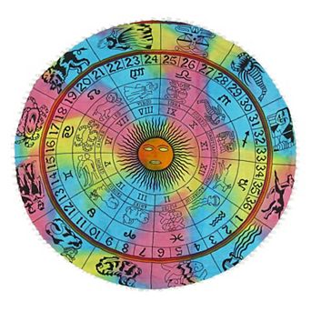 HomeRoots 32" Blue And Pink Floor Round Horoscope Throw Pillow Cover with Pompoms