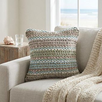 HomeRoots 18" Green And Blue Beach Striped Cotton Blend Throw Pillow Cover
