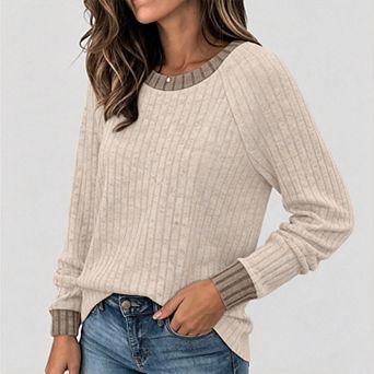 Womens Long Sleeve Crew Neck Sweaters Casual Fall Lightweight Color Block Dressy Soft Outfits