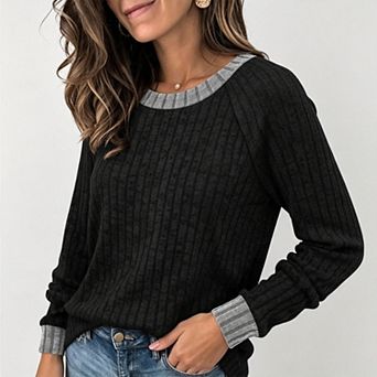 Womens Long Sleeve Crew Neck Sweaters Casual Fall Lightweight Color Block Dressy Soft Outfits