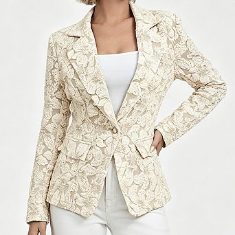 Women Floral Textured Blazer Jacket Notched Lapel Single Button Long Sleeve Slim Fit Outer Coat