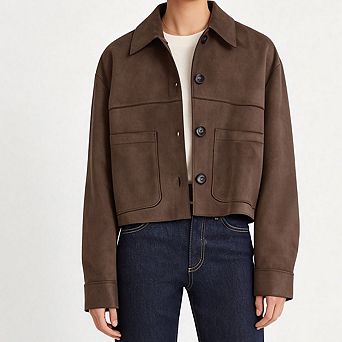 Women Collared Suede Cropped Jacket Button Front Long Sleeve Patch Pocket Fit Casual Outer Coat