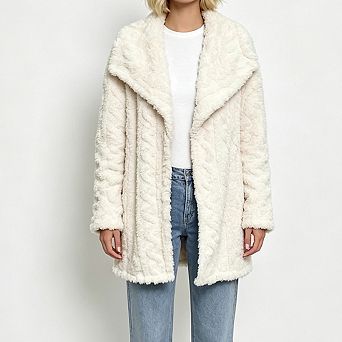 Women Open Front Sherpa Coat Wide Lapel Textured Fleece Long Sleeve Casual Mid Length Outer Jacket