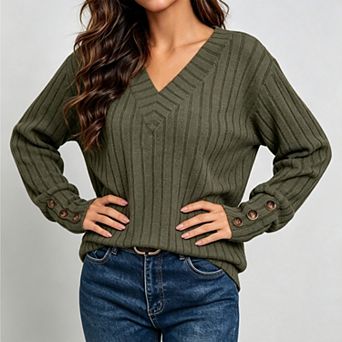 Women's v-Neck Long Sleeve Soft Ribbed Knit Lightweight Fall Sweater Business Casual Tops