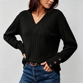 Women's v-Neck Long Sleeve Soft Ribbed Knit Lightweight Fall Sweater Business Casual Tops