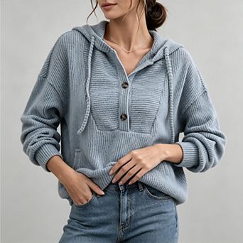 Women's Cozy Half Button Rib Knit Oversized Hooded Pullover, Fall Daily Tops