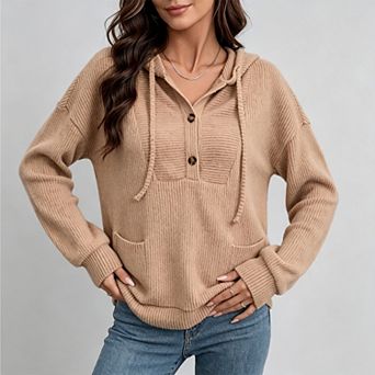 Women's Cozy Half Button Rib Knit Oversized Hooded Pullover, Fall Daily Tops