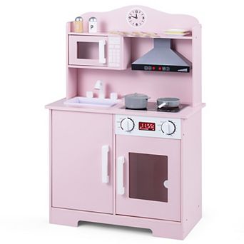 Costway Play Kitchen for Kids, Wooden Kitchen Playset with Range Hood, Microwave, Sink
