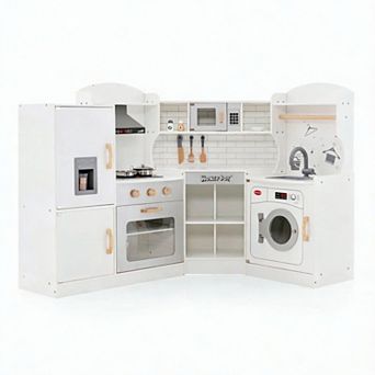 Costway Corner Play Kitchen Toddler Kitchen Playset with Range Hood, Ice Maker, Microwave