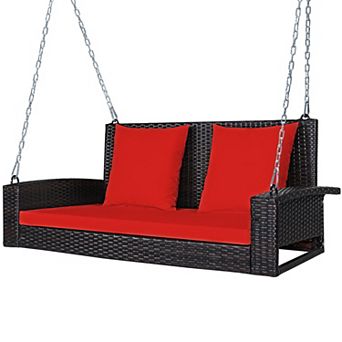 Costway 2-Person Patio Rattan Hanging Porch Swing Bench Chair Cushion