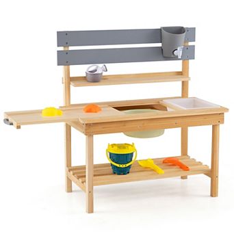 Costway Outdoor Mud Kitchen for Kids, Wooden Kitchen Playset with Extended Tabletop