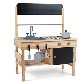 Costway Outdoor Mud Kitchen for Kids, Wooden Play Pretend Kitchen with Cooking Accessories