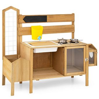 Costway Mud Kitchen for Kids, Pretend Play Kitchen with Detachable Bird Cage,Trellis
