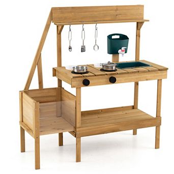 Costway Kids Mud Kitchen, Wooden Play Kitchen with Planter Box, Stoves, Water Tank, Sink
