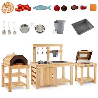 Costway 3 pc Outdoor Wooden Kitchen Playset Kids Mud Kitchen BBQ Grill & Pizza Oven