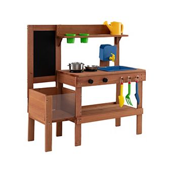 Costway Kids Mud Kitchen with Planter Box, Sink, Stoves, Chalkboard & 13 Accessories