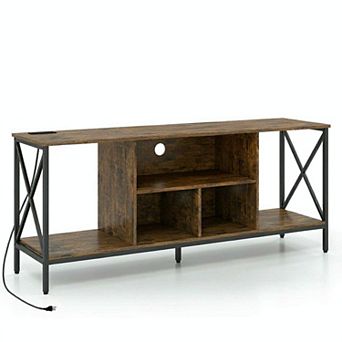 Costway TV Stand with LED Lights, Entertainment Center with Power Outlets&Open Storage Shelves
